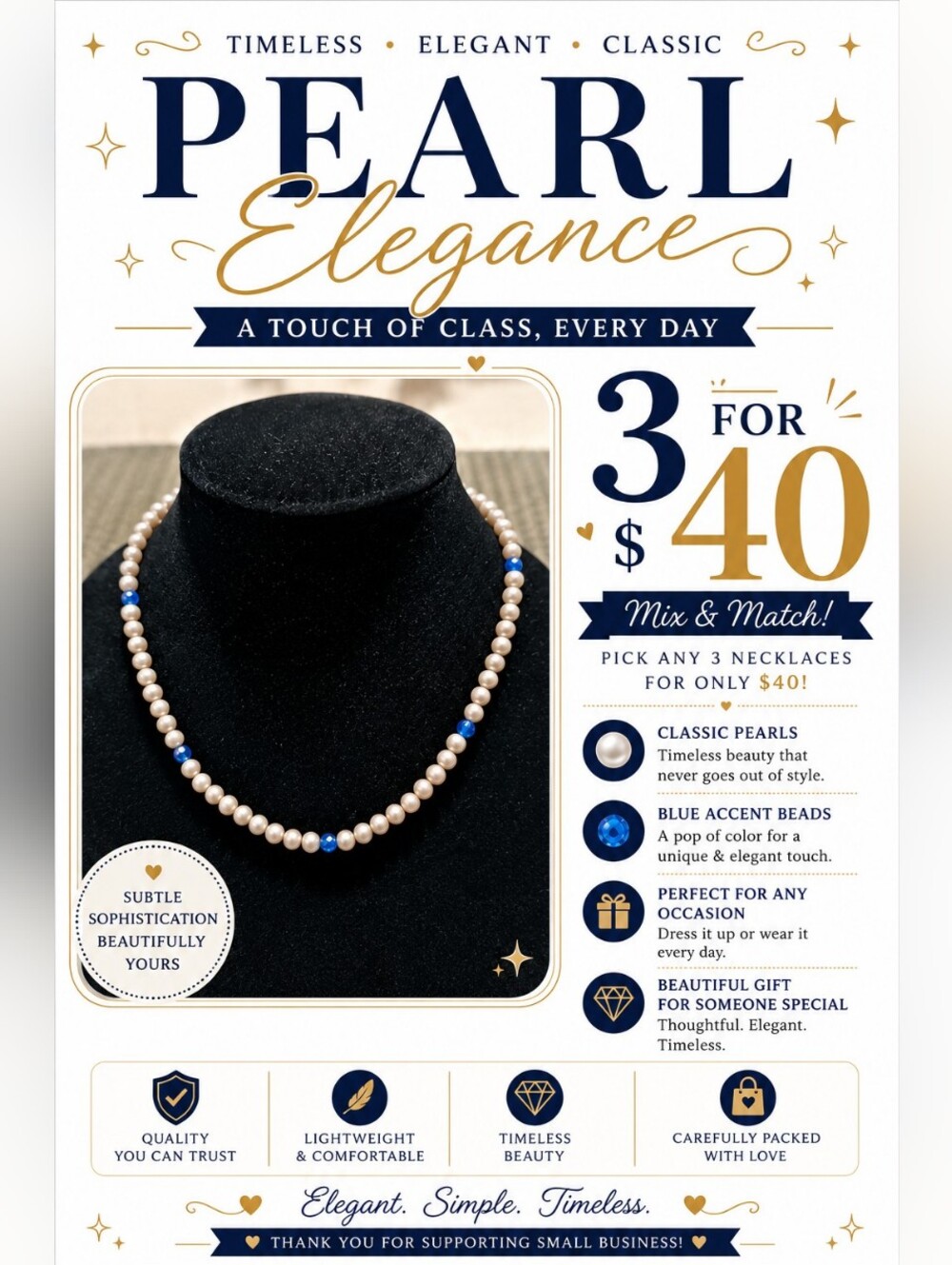 Vintage Faux Pearl & Blue Bead Necklace Hand Knotted Classic Elegant Jewelry